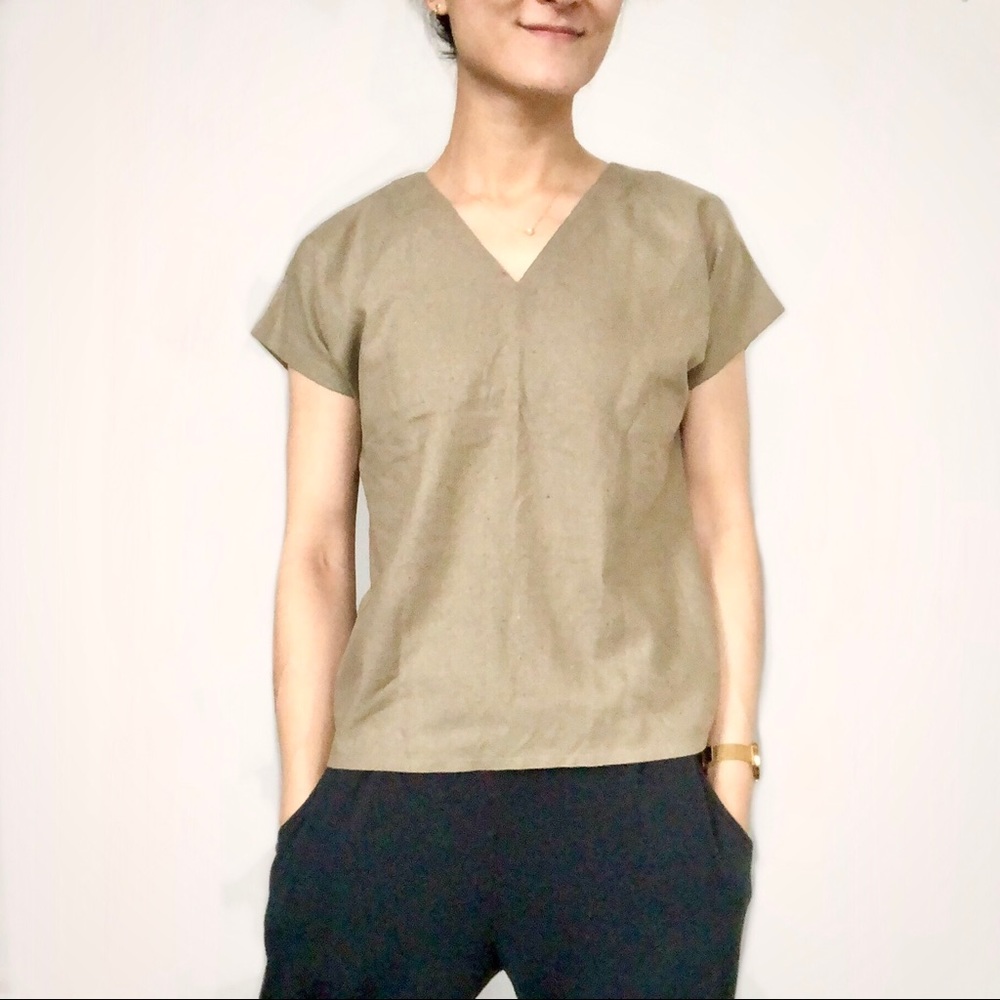 Vintage raw silk (silk Noil) olive green boxy top